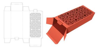 Easily long box with stenciled pattern window die cut template and 3D mockup vector