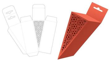 Hanging triangular box with stenciled pattern die cut template and 3D mockup vector