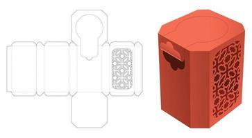 Zipping octagonal box with stenciled pattern die cut template and 3D mockup vector