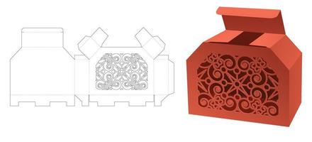 Cardboard chamfered box with stenciled pattern window die cut template and 3D mockup vector