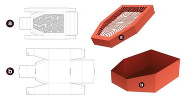 Cardboard boat shaped box with stenciled curved pattern lid die cut template and 3D mockup vector