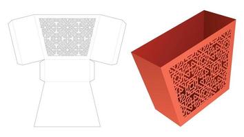 Trapezoid stationery box with stenciled pattern die cut template and 3D mockup vector