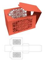 Zipping rectangular box with stenciled pattern die cut template and 3D mockup vector