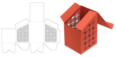 Sloped packaging box with stenciled pattern die cut template and 3D mockup vector