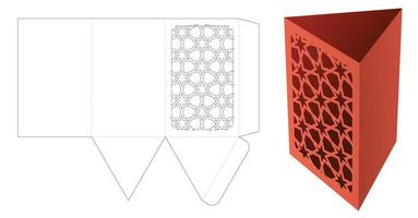 triangular shaped stationery box with stenciled pattern die cut template and 3D mockup vector