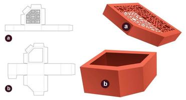 One chamered corner bowl box with stenciled pattern lid die cut template and 3D mockup vector