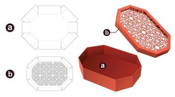 Octagonal box with stenciled pattern lid die cut template and 3D mockup vector