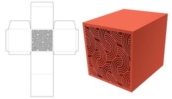 Square box with stenciled curved pattern window die cut template and 3D mockup vector