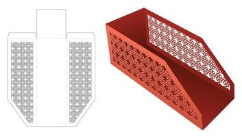 Cardboard bread tray with stenciled Arabic pattern die cut template and 3D mockup vector