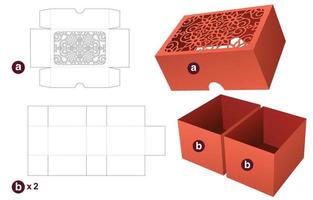 Twin rectangular bowl with stenciled pattern lid die cut template and 3D mockup vector