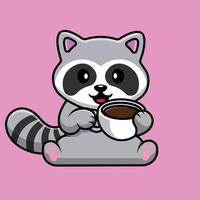 Cute Raccoon Drink Coffee Cup Cartoon Vector Icon Illustration. Animal Flat Cartoon Concept