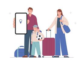 Family people travel - mother, father and child. Man is holding smartphone, destination is displayed on screen vector