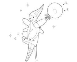 Fairy with a magic wand is standing by a dandelion. Contour linear illustration for a coloring book. vector