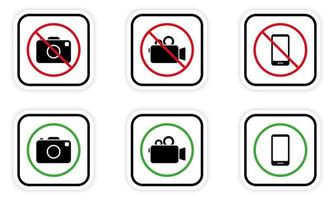 Video Camera Photo Smartphone Recording Allowed Area Black Silhouette Icon Set. Camera Zone Ban Sign. Alert Video Camera Photography Call Zone Place Red Green Symbol. Isolated Vector Illustration.