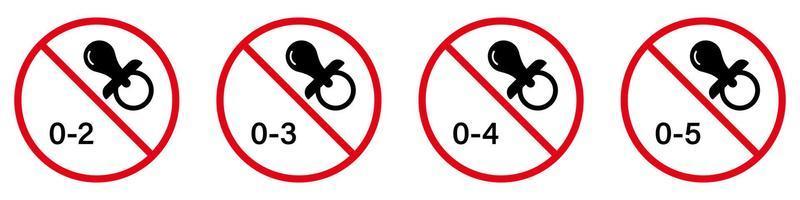 Toy Not Suitable for Kid Black Silhouette Icon Set. Forbid Pacifier Child Under Age Pictogram. Danger Kid Game Stop Symbol. No Allowed Baby Sign. Prohibited 2 3 4 5 Year. Isolated Vector Illustration.