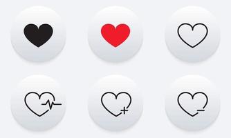 Collection of Hearts Icon. Heartbeat, Pulse, Cardiogram Concept. Romantic Valentine Heart Pictogram Set. Cute Hearts with Heartbeat, Plus and Minus. Isolated Vector Illustration.