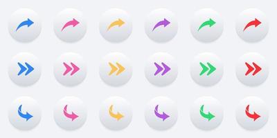 Color Arrow Digital Icon Set in Neumorphism Style. Right, Next, Share Link, Back, Forward Symbol. Direction, Navigation, Orientation Cursor Pictogram. Curve Undo Button. Isolated Vector Illustration.