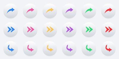 Color Arrow Digital Icon Set in Neumorphism Style. Right, Next, Share Link, Back, Forward Symbol. Direction, Navigation, Orientation Cursor Pictogram. Curve Undo Button. Isolated Vector Illustration.