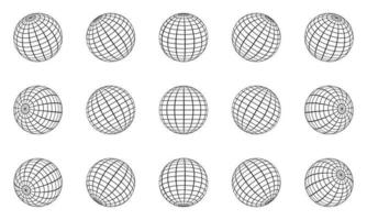 conjunto de esfera de cuadrícula de globo. Latitud de la tierra global del alambre 3d, longitud. globo de cuadrícula geométrica. línea alámbrica 3d planeta globo. bola de malla de rejilla redonda. superficie del globo de estructura metálica. ilustración vectorial aislada. vector