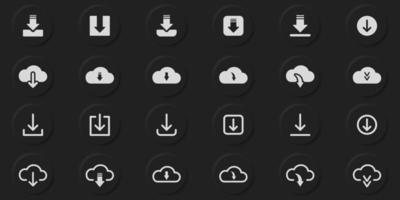 Download Button Line and Silhouette Icon Set. Cloud, Circle, Arrow Down Upload Symbol. Download Web App, File, Video, Document Pictogram in Neumorphism Style on Black Background. Vector Illustration.