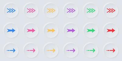 Colorful Arrow Digital Icon Set in Neumorphism Style. Direction, Navigation, Orientation, Download Cursor Pictogram. Right, Next, Share Link, Back, Forward Symbol. Isolated Vector Illustration.