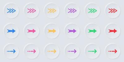 Colorful Arrow Digital Icon Set in Neumorphism Style. Direction, Navigation, Orientation, Download Cursor Pictogram. Right, Next, Share Link, Back, Forward Symbol. Isolated Vector Illustration.