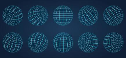 3D Blue Globe Grid Sphere Set on Dark Background. Geometric Round Grid Mesh Ball. Wireframe Globe Surface. Wire Global Earth Latitude and Longitude. Wired Line 3D Planet Globe. Vector Illustration.
