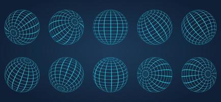 3D Blue Globe Grid Sphere Set on Dark Background. Geometric Round Grid Mesh Ball. Wireframe Globe Surface. Wire Global Earth Latitude and Longitude. Wired Line 3D Planet Globe. Vector Illustration.