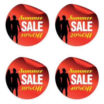 Summer red sale stickers set 10, 20, 30, 40 percent off with surfer