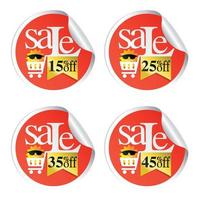 Sale summer stickers with shopping cart and funny sun 15,25,35,45 percent off vector