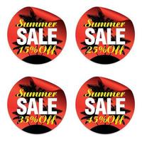 Summer red sale stickers set 15, 25, 35, 45 percent off with island with palm trees vector