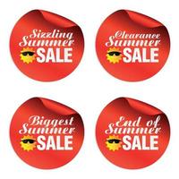 Red summer sale stickers sizzling, clearance, biggest, end of with funny sun icon vector