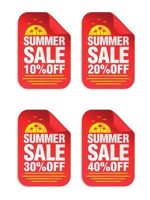Summer Sale red sticker set. Sale 10, 20, 30, 40 percent off. Stickers with palms icon