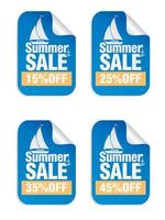 Summer sale blue stickers set with yacht icon . Sale stickers 15, 25, 35, 45 percent off vector