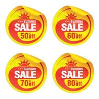 Yellow modern summer sale stickers set 50, 60, 70, 80 percent off with sun vector