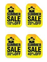 Summer sale yellow stickers set with sunglasses and palm icon. Sale stickers 10, 20, 30, 40 percent  off vector