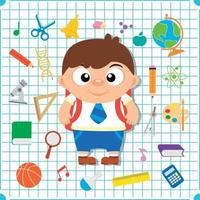 Back to school banner with boy, squared paper page background poster vector