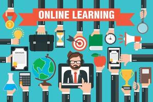 Flat design concepts online learning with smartphone and online teacher in laptop vector