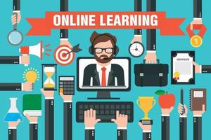 Flat design concepts online learning with online teacher in computer vector