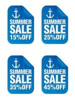 Summer sale blue stickers set with ship's anchor. Sale 15, 25, 35, 45 percent off vector