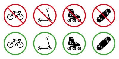 zona permitida para el conjunto de señales de transporte de empuje. prohíba el patín de ruedas patinete scooter icono de silueta de bicicleta negra. atención prohibir el pictograma de transporte de ruedas de la zona de peligro. ilustración vectorial aislada. vector