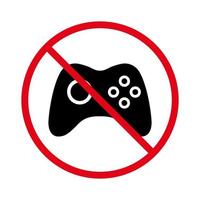 icono de silueta negra de prohibición de joystick. Pictograma de zona de videojuegos de jugador prohibido. símbolo de círculo rojo de parada de la consola de juegos prohibidos. no se permite la señal de control del gamepad. ilustración vectorial aislada. vector