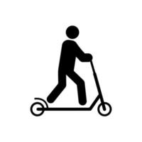 hombre en patinete icono de silueta negra. persona en el pictograma de glifo de trotinette. alquiler ecología movilidad transporte símbolo plano. bicicleta de rueda de empuje macho. señal de patinete. ilustración vectorial aislada. vector