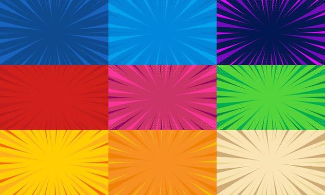 Set of Vintage Color Comic Book Pop Art Background. Collection Retro Comic Pop Art Background in Cartoon Style. Backdrop with Halftone. Vector Illustration.
