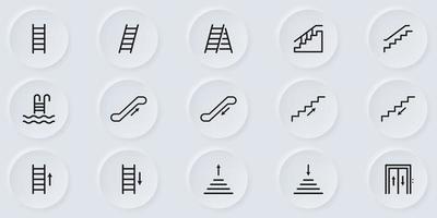 Set of Staircases Line Icon. Climb Up or Go Down on Steps. Stairs Linear Pictogram. Ladder, Elevator, Stairway, Escalator, Pool Stair Outline Icon. Isolated Vector Illustration.