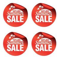 Red summer sale stickers 50, 60, 70, 80 percent off with island and palm trees vector