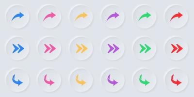 Color Arrow Digital Icon Set in Neumorphism Style. Right, Next, Share Link, Back, Forward Symbol. Direction, Navigation, Orientation Cursor Pictogram. Curve Undo Button. Isolated Vector Illustration.