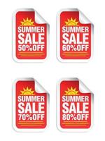 Summer Sale red sticker set. Sale 50, 60, 70, 80 percent off. Stickers with yellow sun icon vector