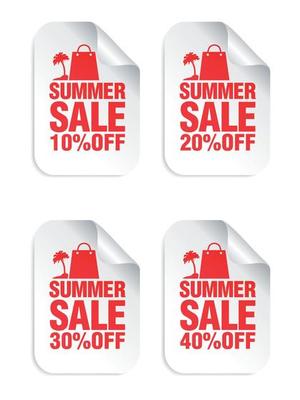 Summer sale white stickers set with shopping package and palm red icon . Sale stickers 10, 20, 30, 40 percentoff