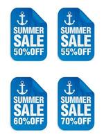 Summer sale blue stickers set with ship's anchor. Sale 50, 55, 60, 70 percent off vector